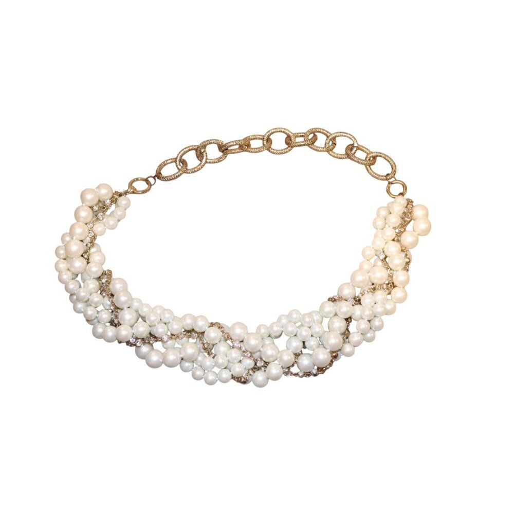 Vintage Costume Pearl & Rhinestone Necklace With Gold-Tone Chain